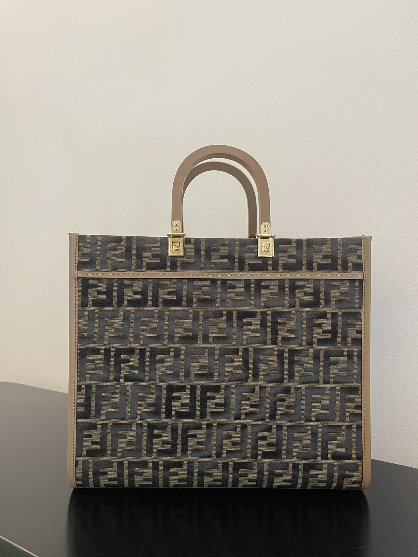 Fendi Medium Sunshine Shopper Brown FF Jacquard Fabric Bag 